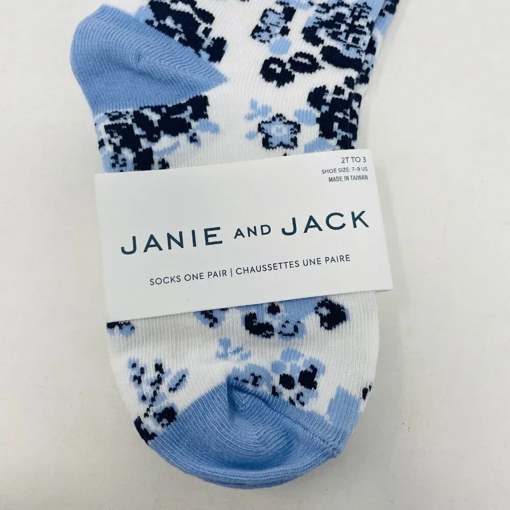 Janie and Jack Toddler Girls Size 2T-3T Floral Scalloped Crew Socks Blue/White